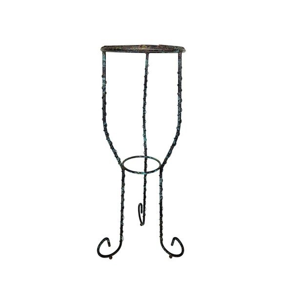 VTG Wrought Iron Twisted Scroll Ball Foot Pedestal Plant Stand Black Turquoise - Picture 9 of 13